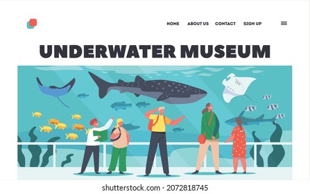 Underwater Museum Landing Page Template. Children in Oceanarium, Characters Learn Marine Flora, Fauna and Sea Animals. Kids Looking at Ocean Fishes in Aquarium. Cartoon People Vector Illustration