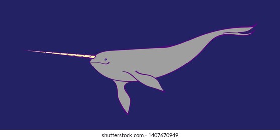 Underwater narwhal. Vector cartoon marine fish-unicorn, under sea animal illustration isolated on blue background.