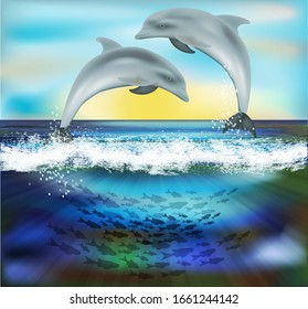 Underwater nature background with dolphins . vector illustration