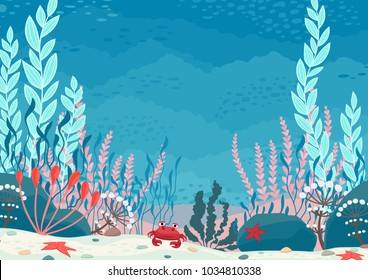 Underwater nature background with plants. Vector Illustration