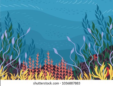 Underwater nature background with plants. Vector Illustration