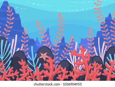 Underwater nature background with plants. Vector Illustration