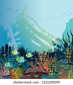 Underwater nature with coral reef, school of fish and silhouette of sunken old ship on a blue sea. Vector illustration. Marine wildlife.