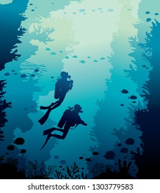 Underwater nature with coral reef, school of fishes and silhouette of two scuba diver on a blue sea background. Vector illustration with marine wildlife.