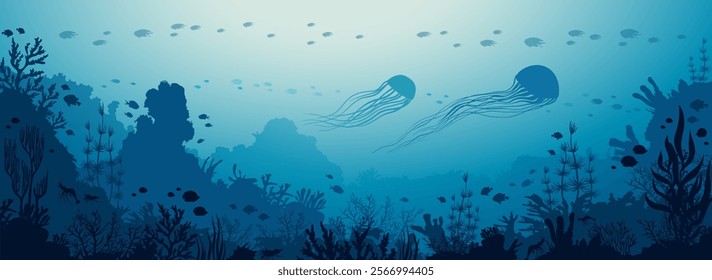 Underwater nature with coral reef, school of fish and two jellyfish on a blue sea. Vector ocean illustration. Underwater seascape panorama.