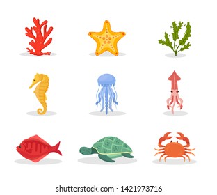 Underwater nature flat vector illustrations set. Coral, starfish and seaweed. Exotic reef flora and fauna pack. Tropical aquatic animals and plants. Medusa, sea horse and squid. Fish turtle and crab