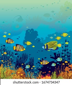 Underwater nature and marine wildlife. School of tropical fishes and coral reef on a blue sea background. Vector ocean illustration.