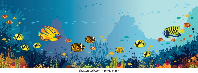 Underwater nature and marine wildlife. School of tropical fishes and coral reef on a blue sea background. Vector ocean panoramic illustration.