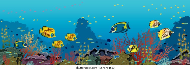 Underwater nature and marine wildlife. School of tropical fishes and coral reef on a blue sea background. Vector ocean panoramic illustration.