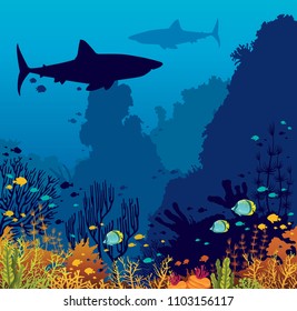 Underwater nature and marine wildlife. Silhouette of big sharks, coral reef and tropical fishes in a blue sea background. Vector summer illustration.