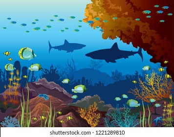 Underwater nature and marine wildlife. Silhouette of sharks, school of tropical fishes and coral reef on a blue sea background. Vector ocean illustration. 