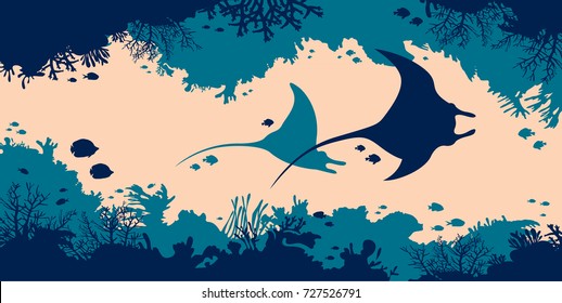 Underwater nature and marine wildlife. Silhouette of two stingrays, coral cave and tropical fishes in a sea. Vector illustration.