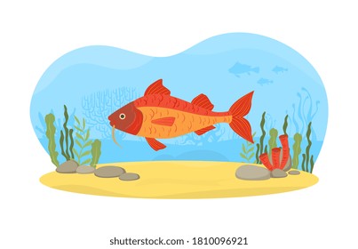 Underwater Nature Scene with Swimming Fish, Seaweeds and Sand Vector Illustration