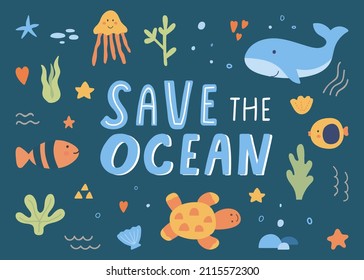 Underwater nature world. Under sea hand drawn vector illustration. Shell, fish, turtle, starfish, marine, ocean life. Seabed background. Save the ocean banner. Cute animal room decor.Seascape sticker.