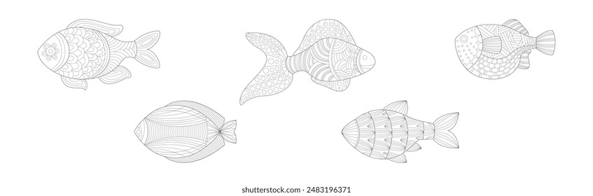 Underwater Nature Zentangle Coloring Book Object Vector Set