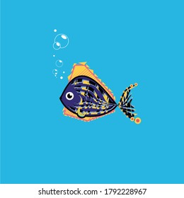Underwater navy blue vector fish with yellow fin and water bubbles 