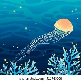 Underwater night seascape - yellow jellyfish and blue coral reef. Vector tropical illustration.