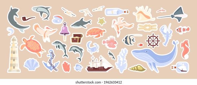 Underwater objects and sea animals cute stickers set