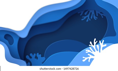 Underwater ocean abstract paper art background. Paper cut underwater background with wave and coral reefs. Save the ocean concept. Craft vector illustration