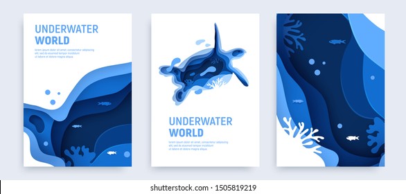 Underwater ocean abstract paper art background set. Paper cut underwater background set with turtle silhouette, fish, wave and coral reefs. Save the ocean concept. Craft vector illustration