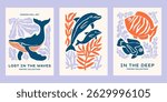 Underwater ocean animals vector posters set. Minimalist retro sea print designs with fishes, whale, dolphins, seaweeds, corals illustrations