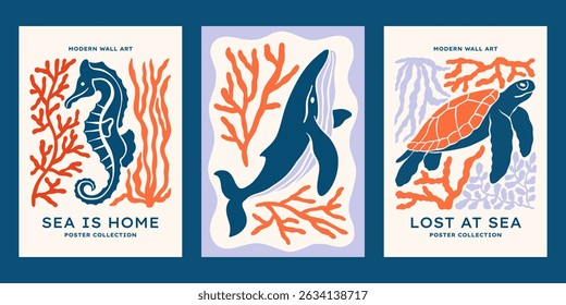 Underwater ocean animals vector posters set. Minimalist retro sea print designs with seahorse, whale, turtle, seaweeds, corals illustrations