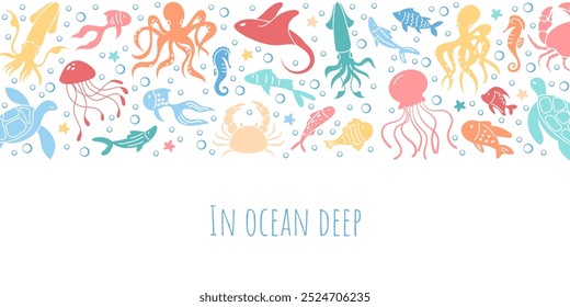 Underwater ocean banner with various marine creatures in vibrant water colors. Sea life such as crabs, turtles, and octopuses fill the underwater world at graphic background design template.