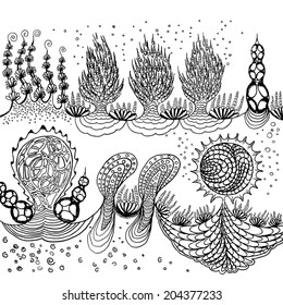 Underwater ocean bottom with bubbles, landscape with various water plants. Hand drawn doodle.