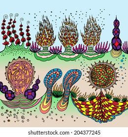 Underwater ocean bottom with bubbles, landscape with various water plants. Hand drawn doodle.