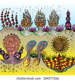 Underwater ocean bottom with bubbles, landscape with various water plants. Hand drawn doodle.