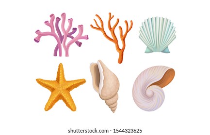 Underwater Ocean Bottom Species Vector Set. Different Marine Food