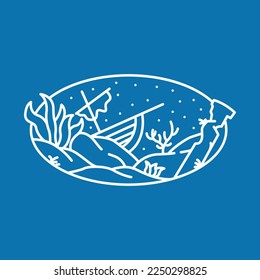 Underwater Ocean with Coral Reefs and Sunken Ships Monoline Design for Apparel