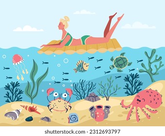 Underwater ocean diver swim scuba swimming activity concept. Vector graphic design illustration