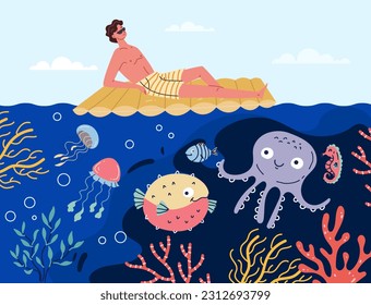 Underwater ocean diver swim scuba swimming activity concept. Vector graphic design illustration