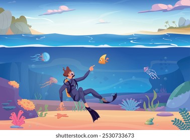 Underwater. Ocean diving extreme sport man swimming underwater in swimsuit and flippers exact vector background