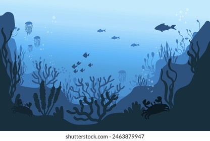 Unterwasserfauna. Tiefseepflanzen, Fische und Tiere. Meeresalgenfische und tierische Silhouetten-Vektorgrafik. Unterwasserfauna. Tiefseepflanzen, Fische und Tiere. Meeresalgen-Fisch unter 