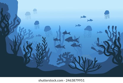 Fauna oceánica submarina. Plantas de aguas profundas, peces y animales. Vector de silueta marina de peces y animales. Fauna oceánica submarina. Plantas de aguas profundas, peces y animales. Peces marinos de algas 