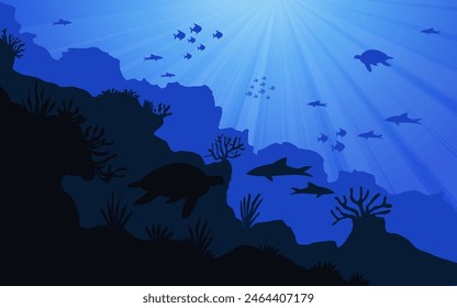 Underwater ocean fauna. Deep sea plants, fishes and animals. Marine seaweed, fish and animal silhouette vector. Underwater ocean fauna. Deep sea plants, fishes and animals. Marine seaweed, fish under