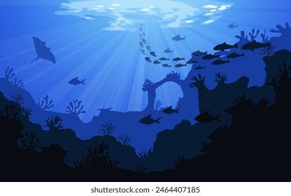 Underwater ocean fauna. Deep sea plants, fishes and animals. Marine seaweed, fish and animal silhouette vector. Underwater ocean fauna. Deep sea plants, fishes and animals. Marine seaweed, fish under