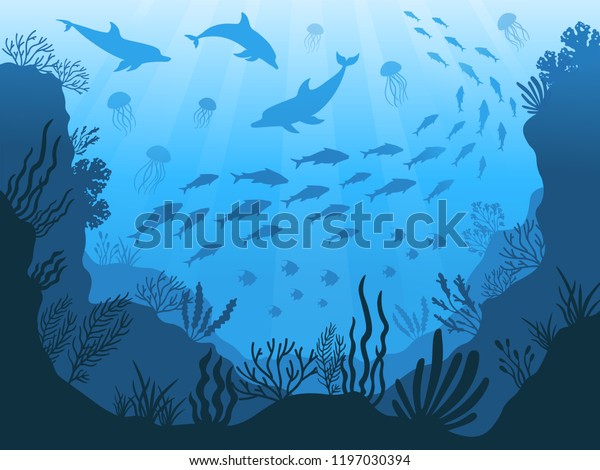 水下海洋动物 深海植物 鱼类和动物 海洋海藻 水下鱼和动物轮廓与珊瑚 藻类海藻卡通矢量背景插图库存矢量图 免版税