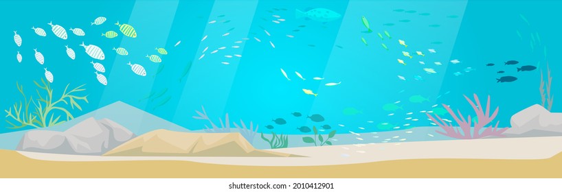 Underwater ocean fauna with exotic fishes. Ocean bottom with marine life reprsentatives. Marine underwater world with school of tropical fish. Seascape, undersea landscape vector illustration