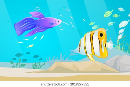 Underwater ocean fauna with exotic fishes. Ocean bottom with marine life reprsentatives. Marine underwater world with school of tropical fish. Seascape, undersea landscape vector illustration