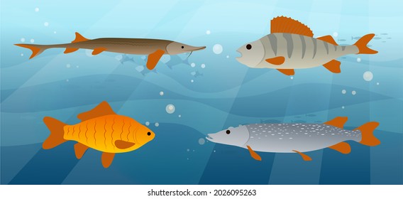 Underwater ocean fauna with fishes, seaweed and shells on sand. Ocean bottom with marine life reprsentatives. Marine underwater world with exotic fishes. Bright tropical fish floating on seabed