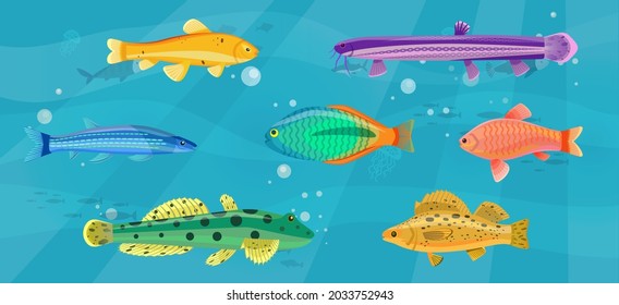 Underwater ocean fauna with fishes, seaweed and shells on sand. Ocean bottom with marine life reprsentatives. Marine underwater world with exotic fishes. Bright tropical fish floating on seabed