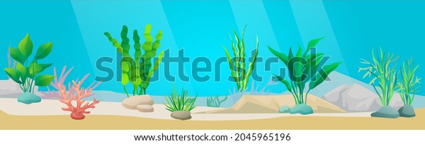 Underwater ocean fauna with seaweed. Ocean bottom\
with marine life reprsentatives. Underwater world vector\
illustration. Seafloor, undersea, seabed with marine plants. Green\
algae on sea floor