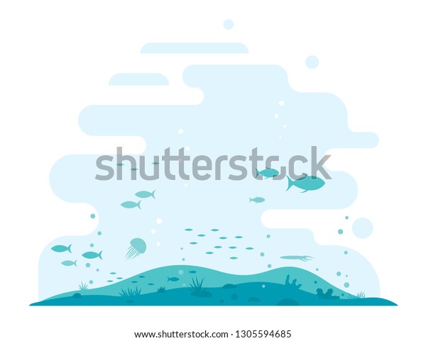 Underwater Ocean Floor Silhouette Different Plants Stock