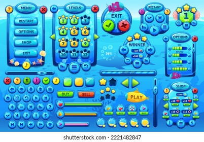 Interfaz de juego subacuático oceánico, elementos gráficos de la interfaz gráfica del mar de dibujos animados, activo de juego de interfaz de usuario vectorial. Botones de opción de menú de juegos subacuáticos y controles de arcada submarinos, flechas de navegación, accesorios de interfaz gráfica de usuario y activos de juego de usuario