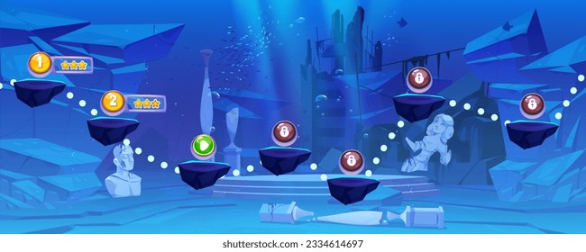 Underwater ocean game level map ui cartoon vector background. Deep undersea adventure score interface with building ruin, statue and rock. Blue seascape with sunken environment and platform to jump