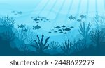 Underwater ocean landscape, algae and reefs, silhouette of a school of fish. Seabed background with ocean flora and fauna, corals, silhouettes of sea animals. Vector