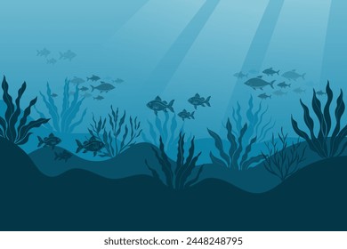 Underwater ocean landscape, algae and reefs, silhouette of a school of fish. Seabed background with ocean flora and fauna, corals, silhouettes of sea animals. Vector